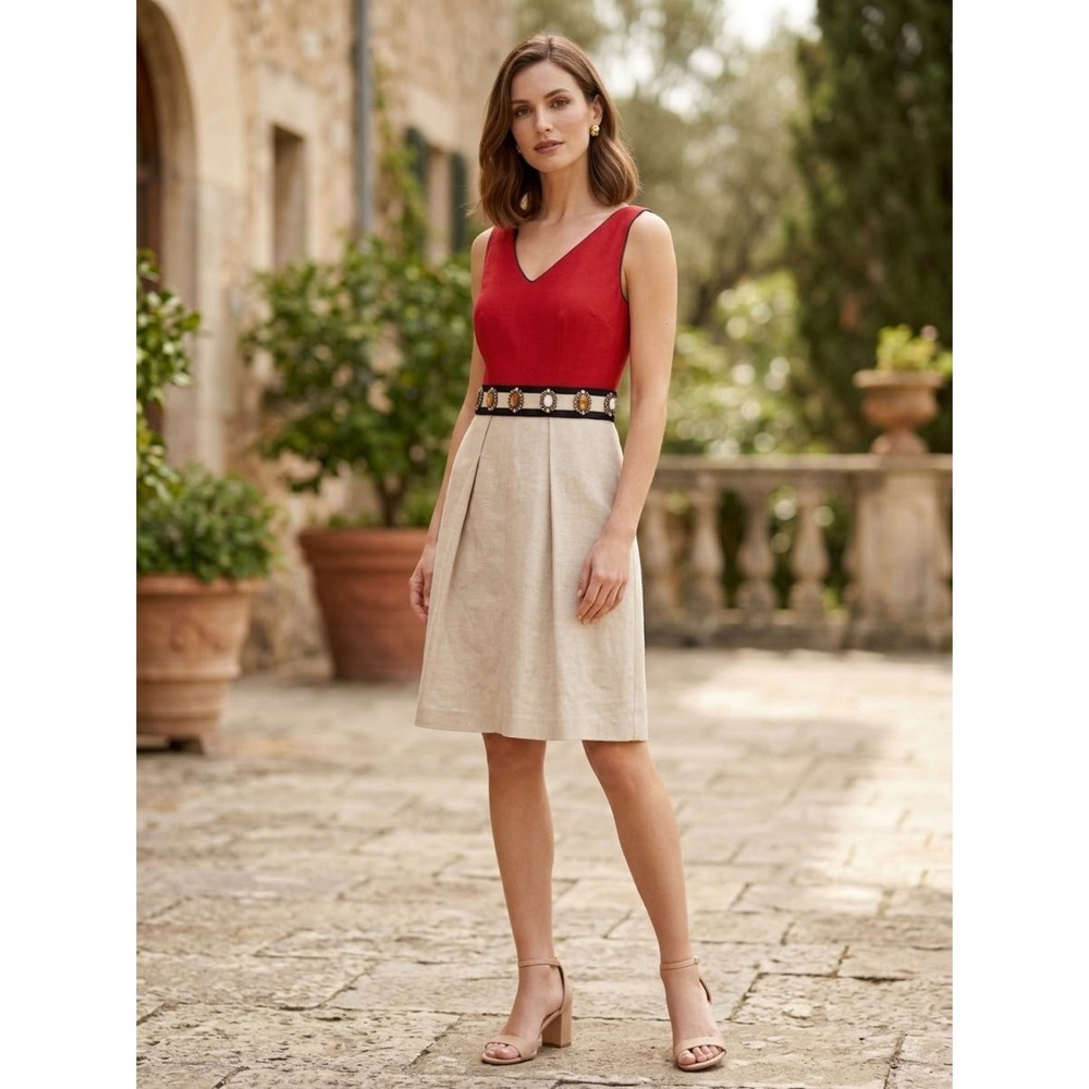 Vilagallo NWT Irish Red Colorblock Embellished Dress 36/4 Preppy Resortwear Euro